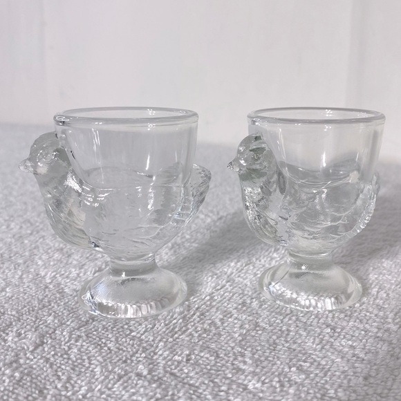 Vintage Clear Glass Chicken Shaped Egg Cups Shot Glasses x2 - Picture 7 of 9